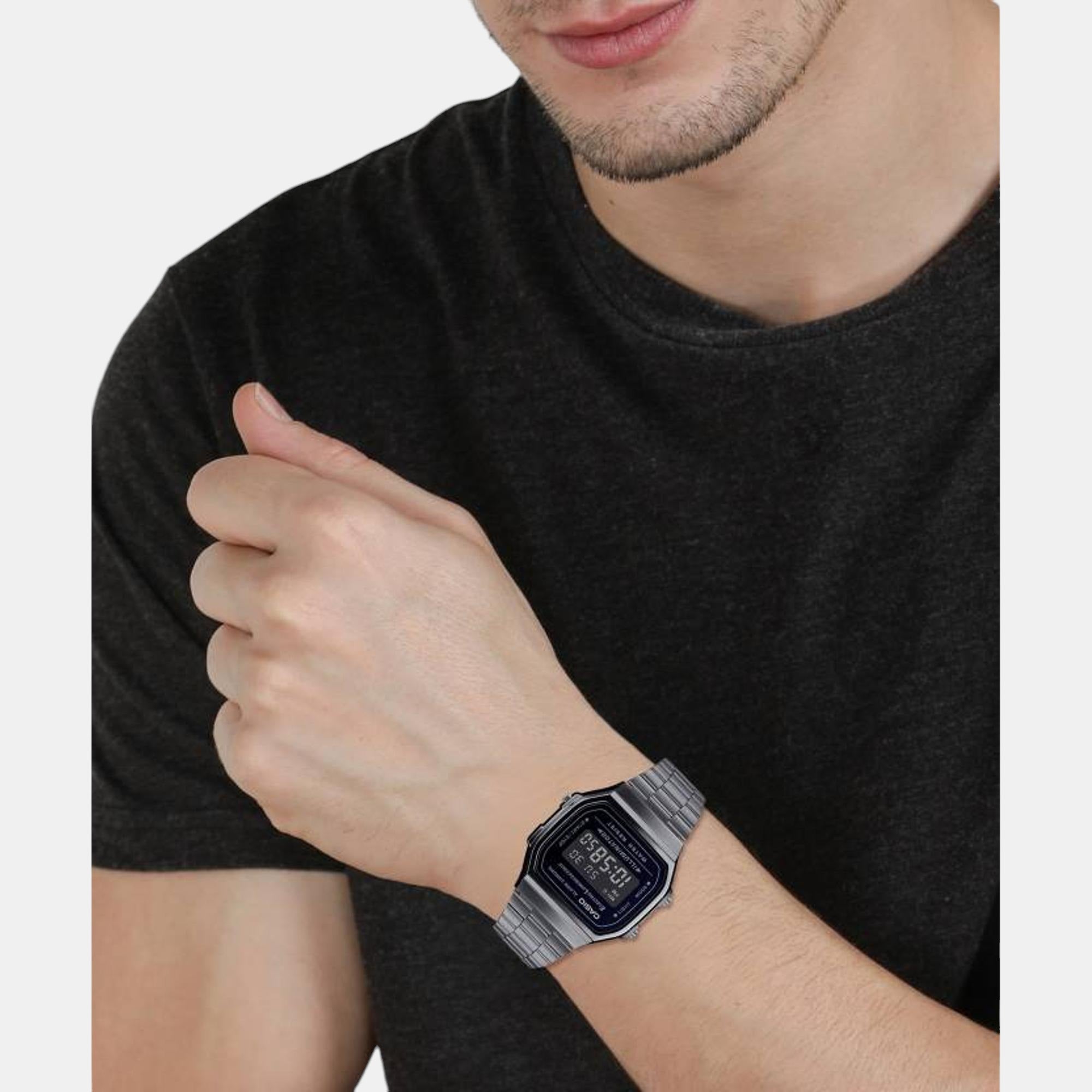 Vintage Unisex Quartz Black Dial Digital Stainless Steel Watch D182