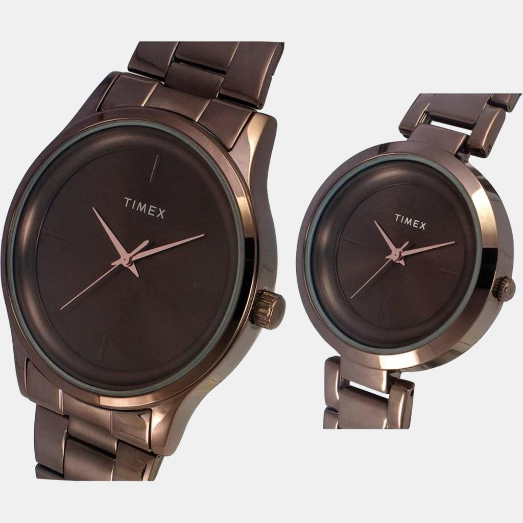 Fashion Couple Quartz Brown Dial Analog Stainless Steel Watch TW00PR295