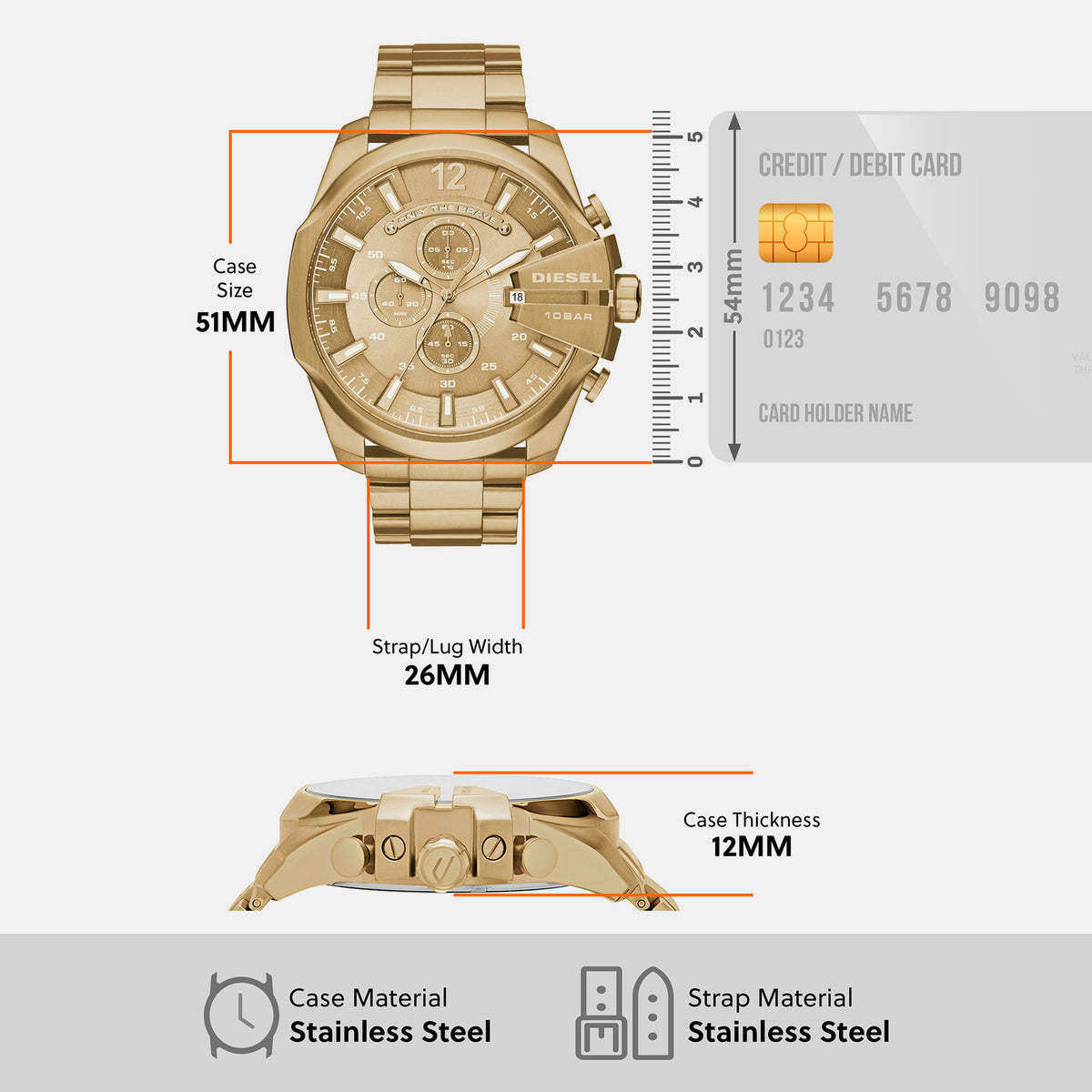 Mega Chief Men Quartz Gold Dial Chronograph Stainless Steel Watch DZ4360