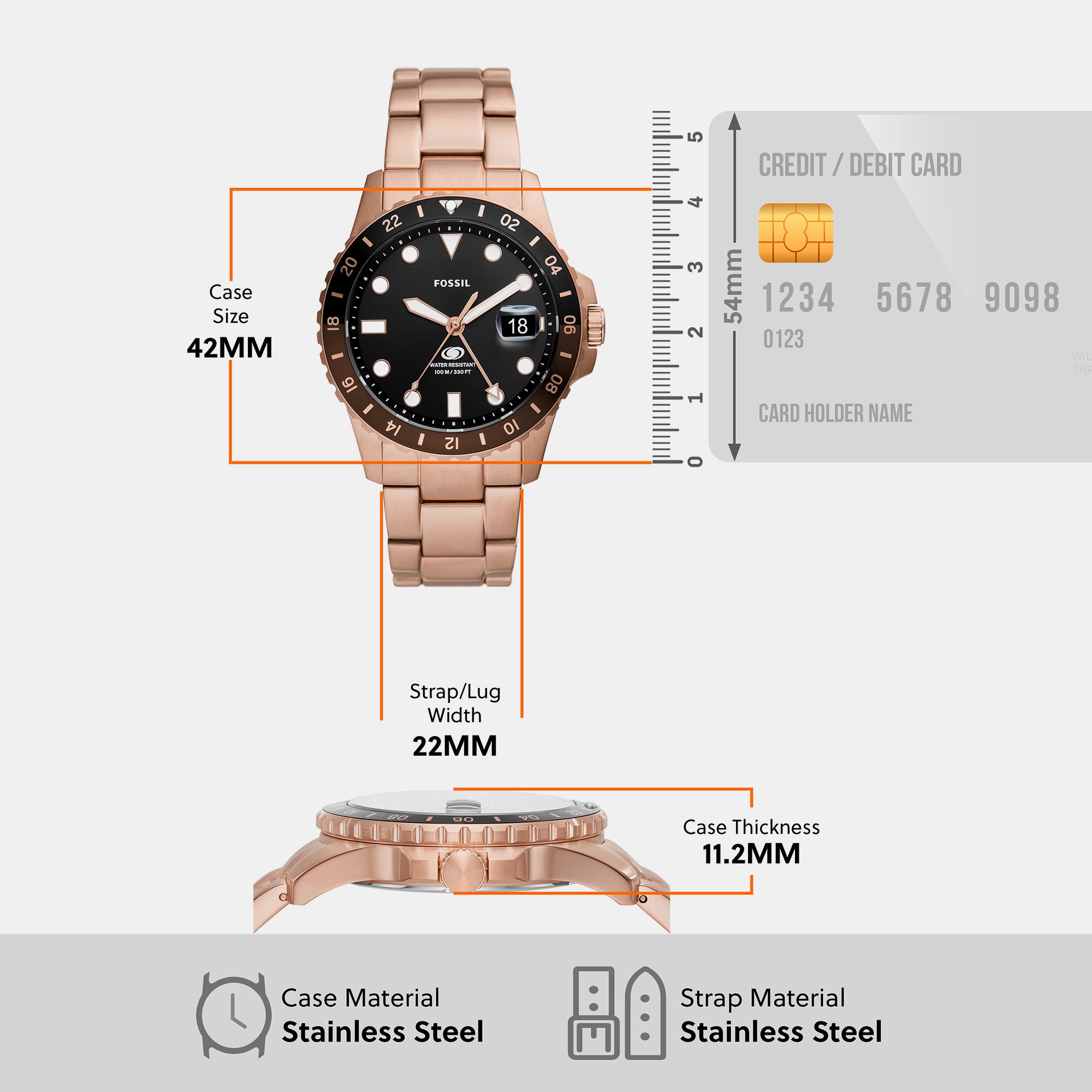 Fossil 30 mm Rose Gold GMT watch