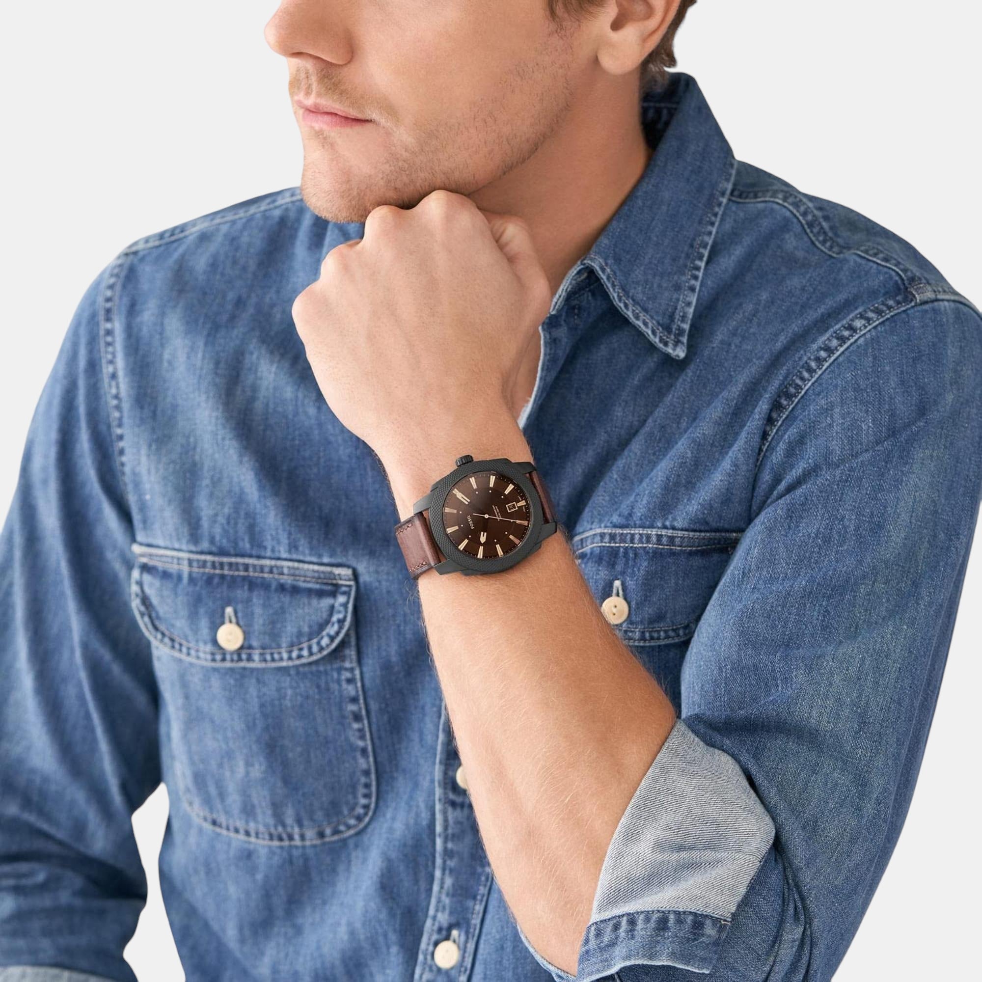 Machine Men Quartz Black Dial Analog Leather Watch FS5972