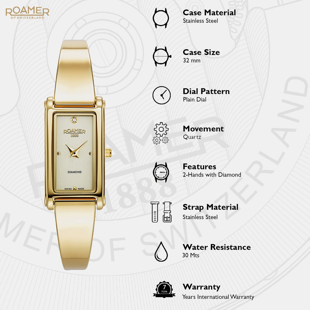 Elegance Diamond Women Quartz Gold Dial Analog Stainless Steel Watch 866845 48 35 20