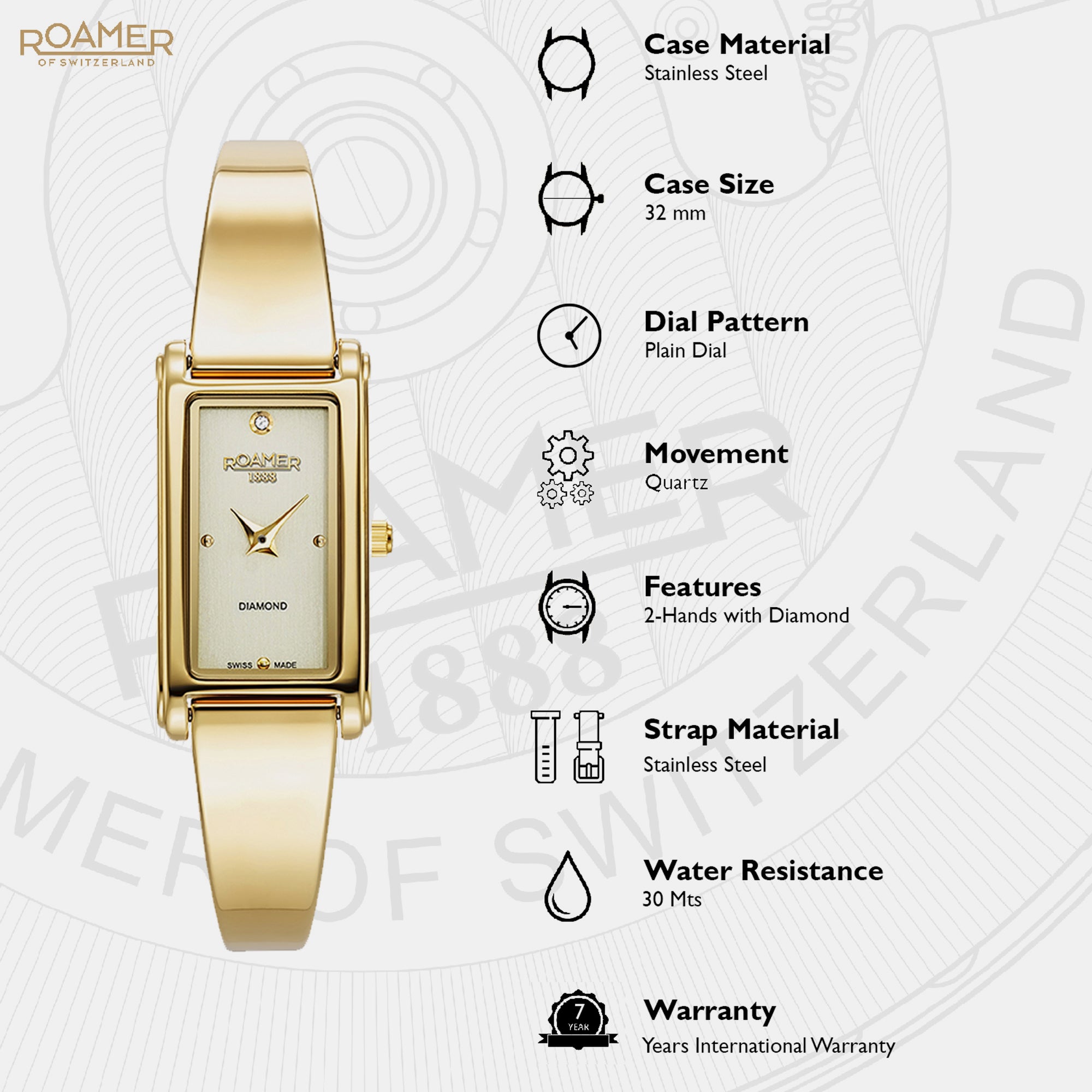 Elegance Diamond Women Quartz Gold Dial Analog Stainless Steel Watch 866845 48 35 20