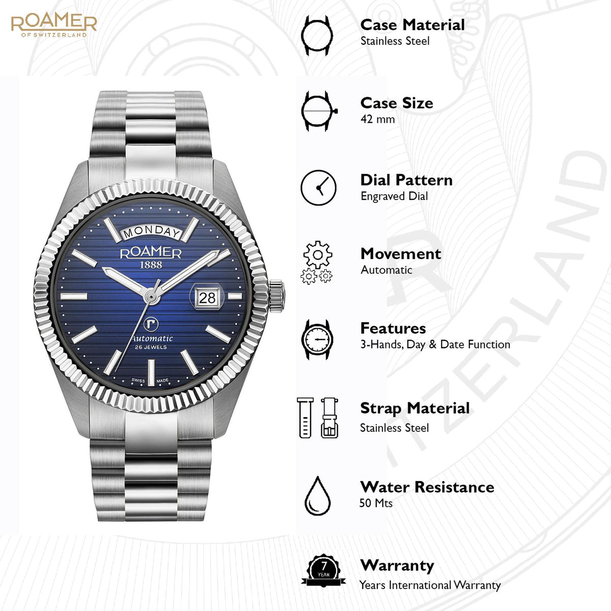 Primeline Daydate Ii Men Automatic Blue Dial Analog Stainless Steel Watch 981666 41 45 50