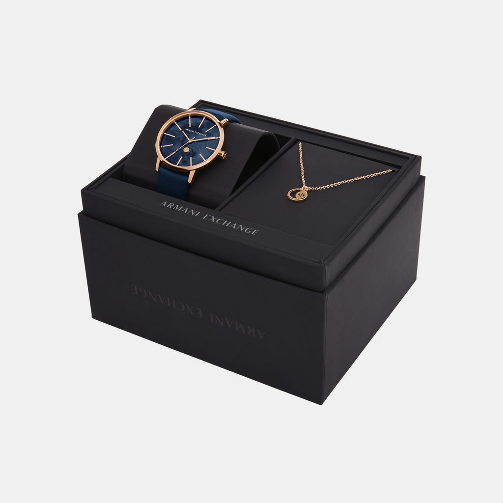 Women Quartz Rose Gold Dial Analog Leather Watch AX7149SET