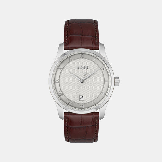 Principle Male Silver Analog Leather Watch 1514114