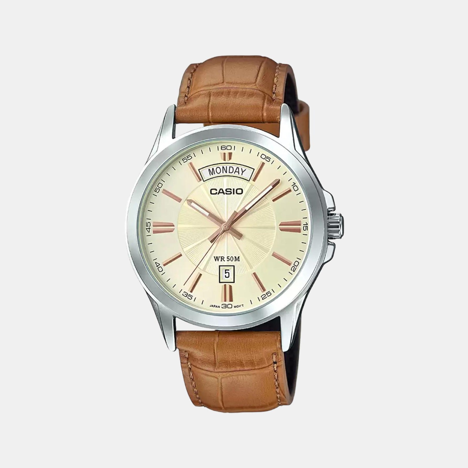 Casio Enticer Men Quartz Beige Dial Analog Leather Watch A1133