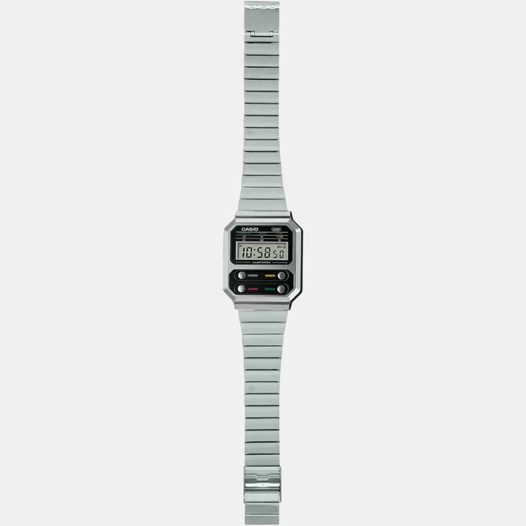 Casio Rectangular Casio Vintage Unisex Quartz Black Dial Digital Stainless Steel Watch ...