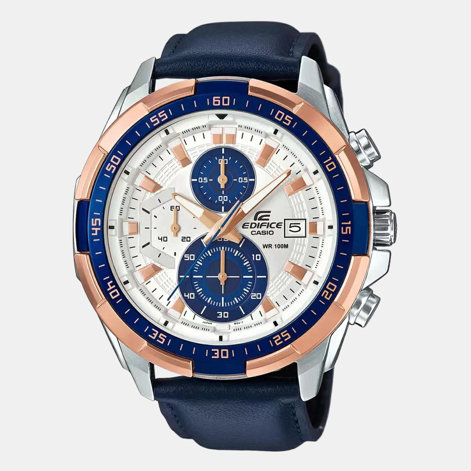 Casio Edifice Men Quartz Blue Dial Chronograph Leather Watch EX306